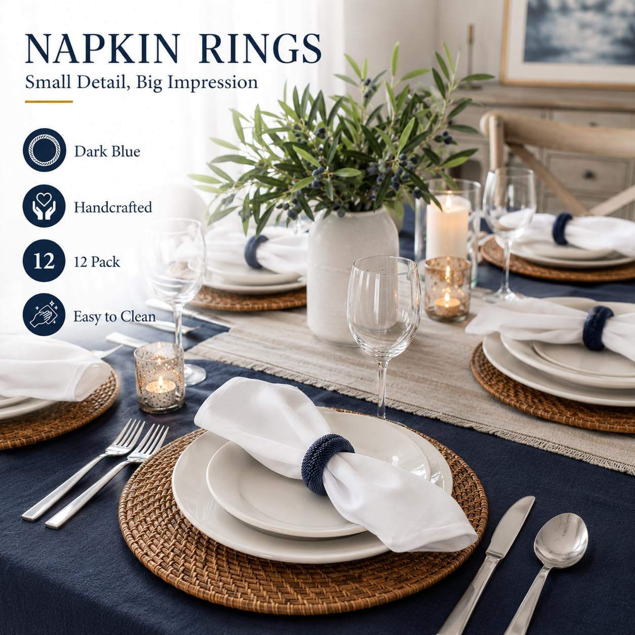 Alpha Living Home Woven Napkin Rings, Dark Blue, Set of 12 | Yarn-wrapped woven design, sturdy inner structure, fits