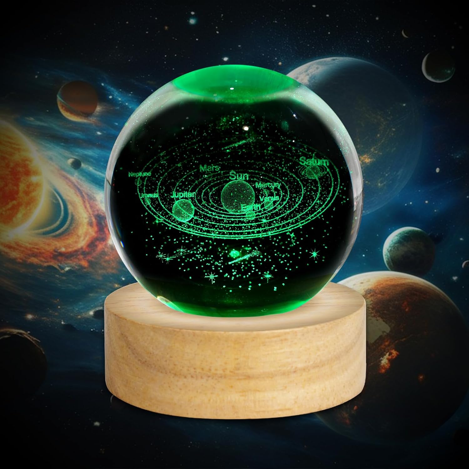 3D Crystal Ball Night Light Galaxy Planets Glass Table Lamp Decor / Solar System / 2.4 Inch