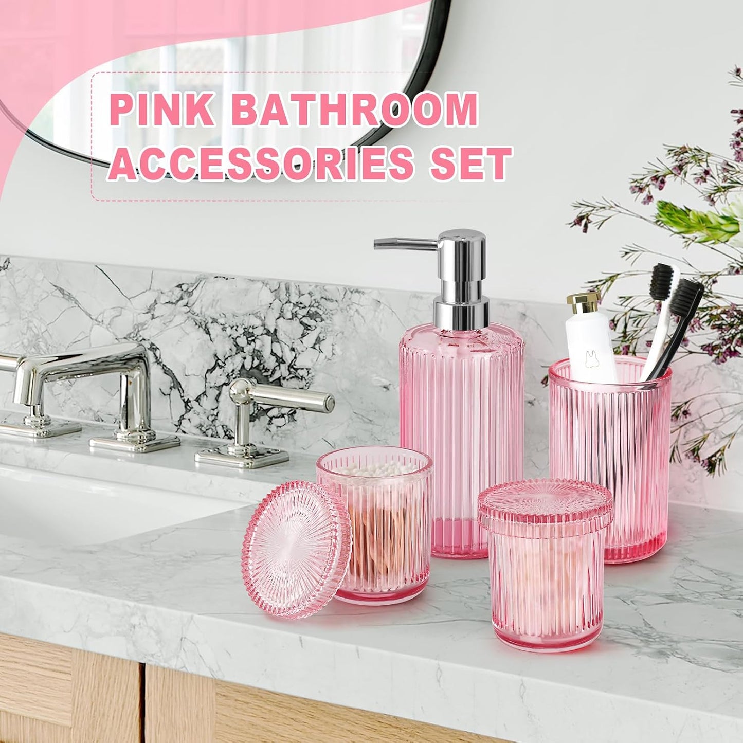 Pink Bathroom Accessories Set, 4 Pcs Glass Bathroom Accessory Set, Pink Soap Dispenser and Toothbrush Holder Set, Qtip