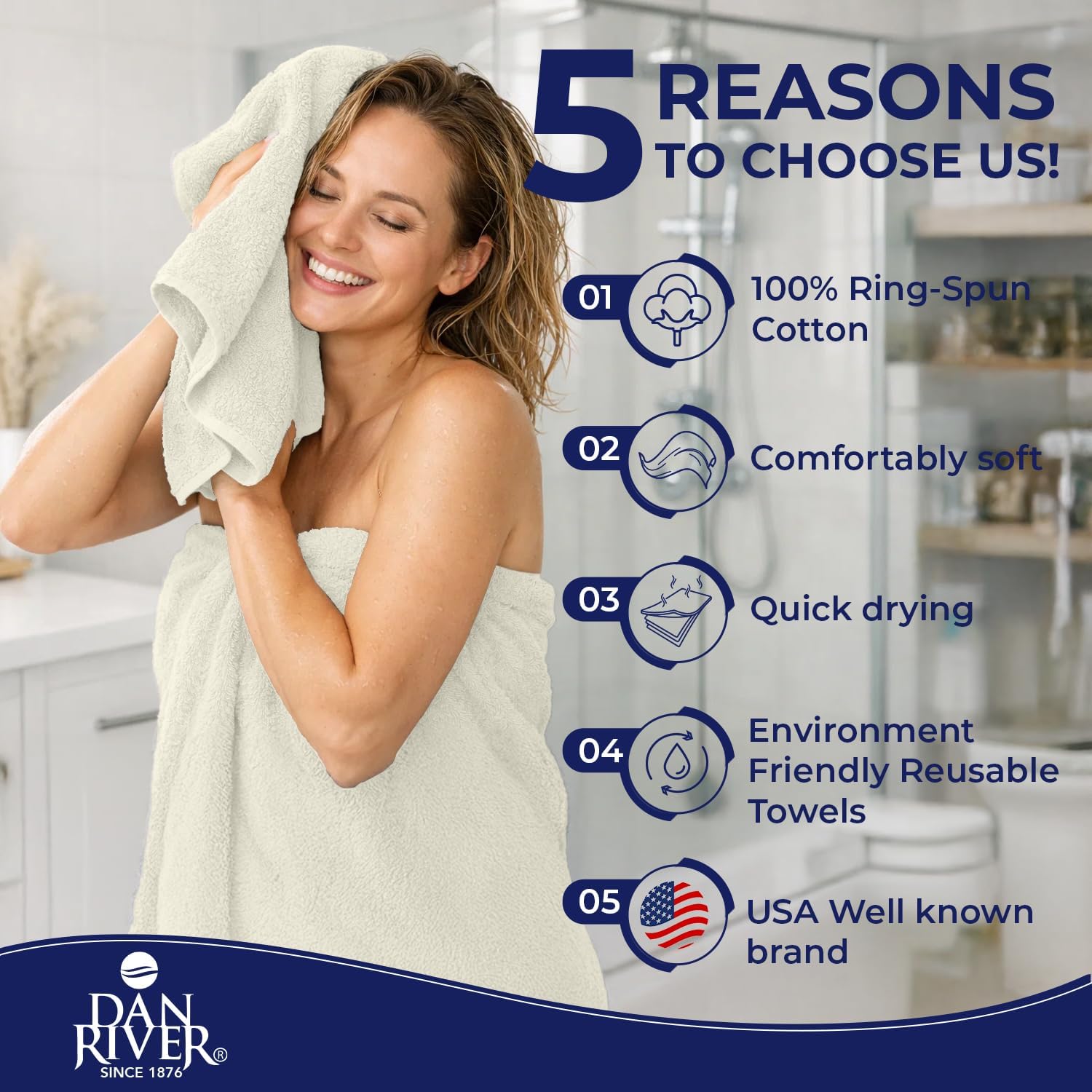 DAN RIVER 8 Piece Luxury Bath Towels for Bathroom, Towel Set, Ivory | 2 Bath towels, 2 Hand towels, and 4 Wash Cloths