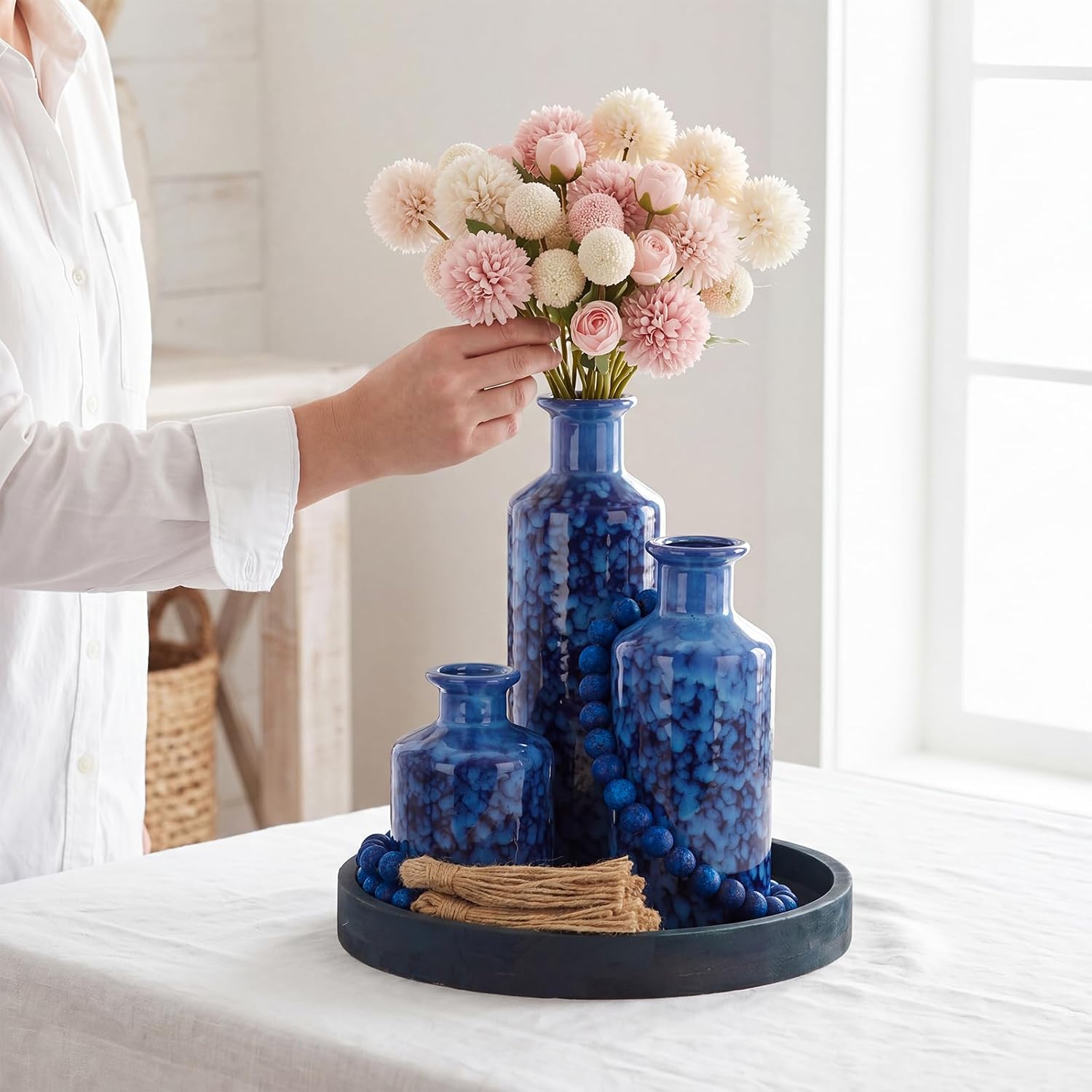 Wooden Serving Tray Wood Bead Garland / Country Blue / Set of 5
