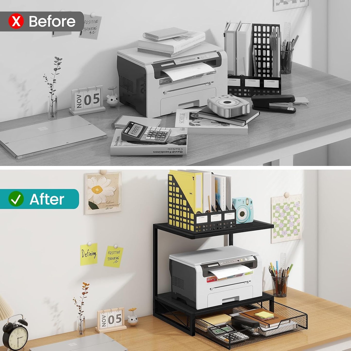 ELITEROO 2-Tier Printer Shelf with Drawers, Wooden Desk Shelf for Printer | Small Printers Shelf for Office Supplies