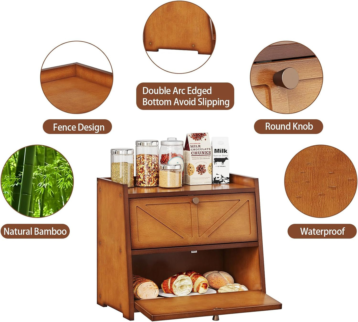 Trironsun Vintage Double Layer Bread Box for Kitchen Counter Bamboo Bread Storage Container Large Capacity Bread