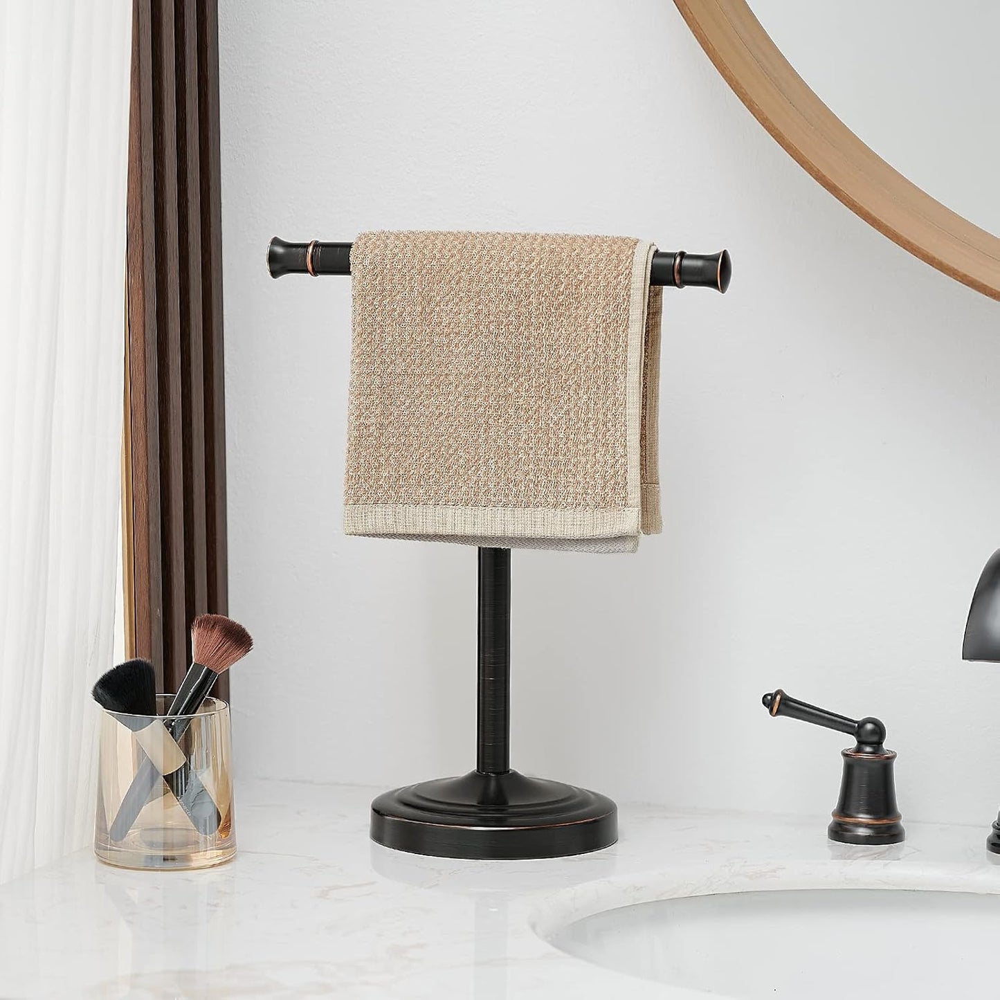 RUMOSE Oil Rubbed Bronze Hand Towel Holder Stand Countertop Towel Rack | 13 Inch Bathroom Kitchen Vanity T-Shape Towel