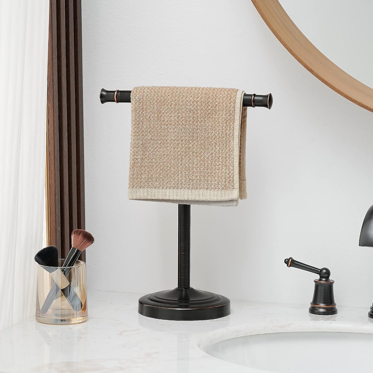 RUMOSE Oil Rubbed Bronze Hand Towel Holder Stand Countertop Towel Rack | 13 Inch Bathroom Kitchen Vanity T-Shape Towel
