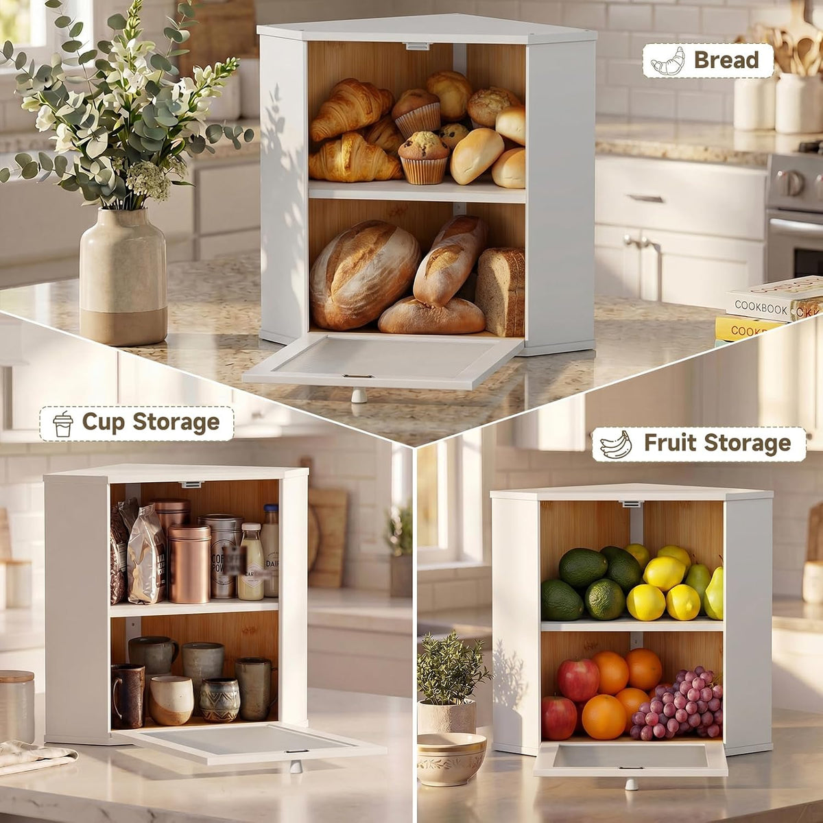 Bread Box for Kitchen Corner Countertop,Large Bread Basket (White, X-Large) | Double Layer Bamboo Bread Storage