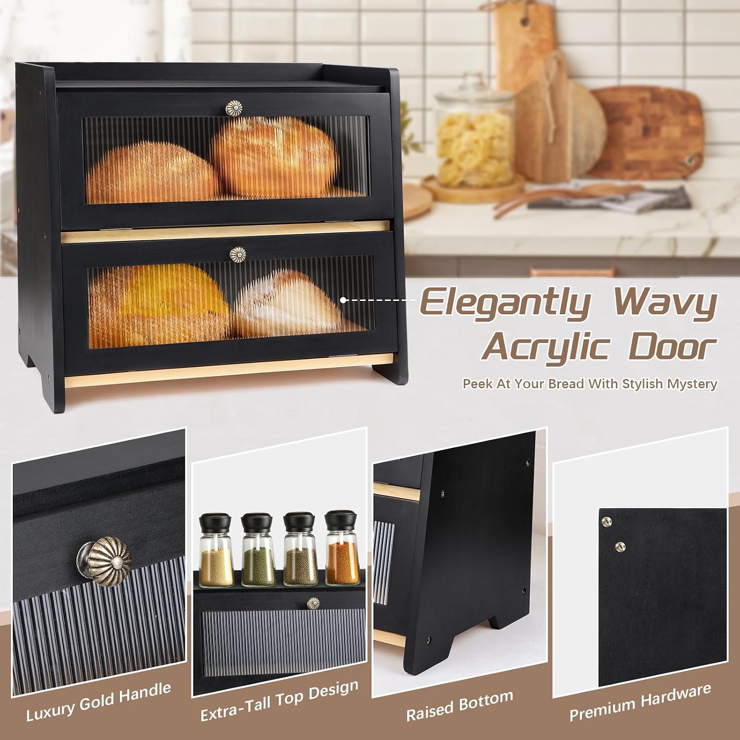 VEDALIO Bread Box For Kitchen Countertop, Black Breadbox, Bread Boxes for Kitchen Counter Organizer Decor Storage