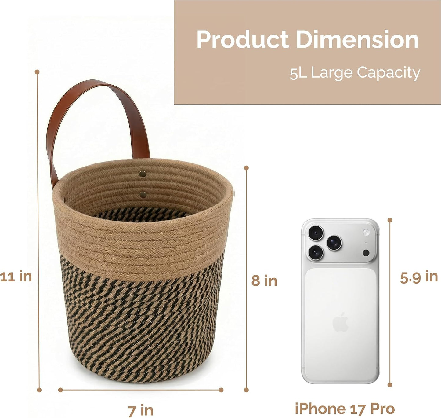 Round Woven Wall Decor & Storage Planter for Plant Decor and Home / Jute & Black / 8 Inch / Set of 2