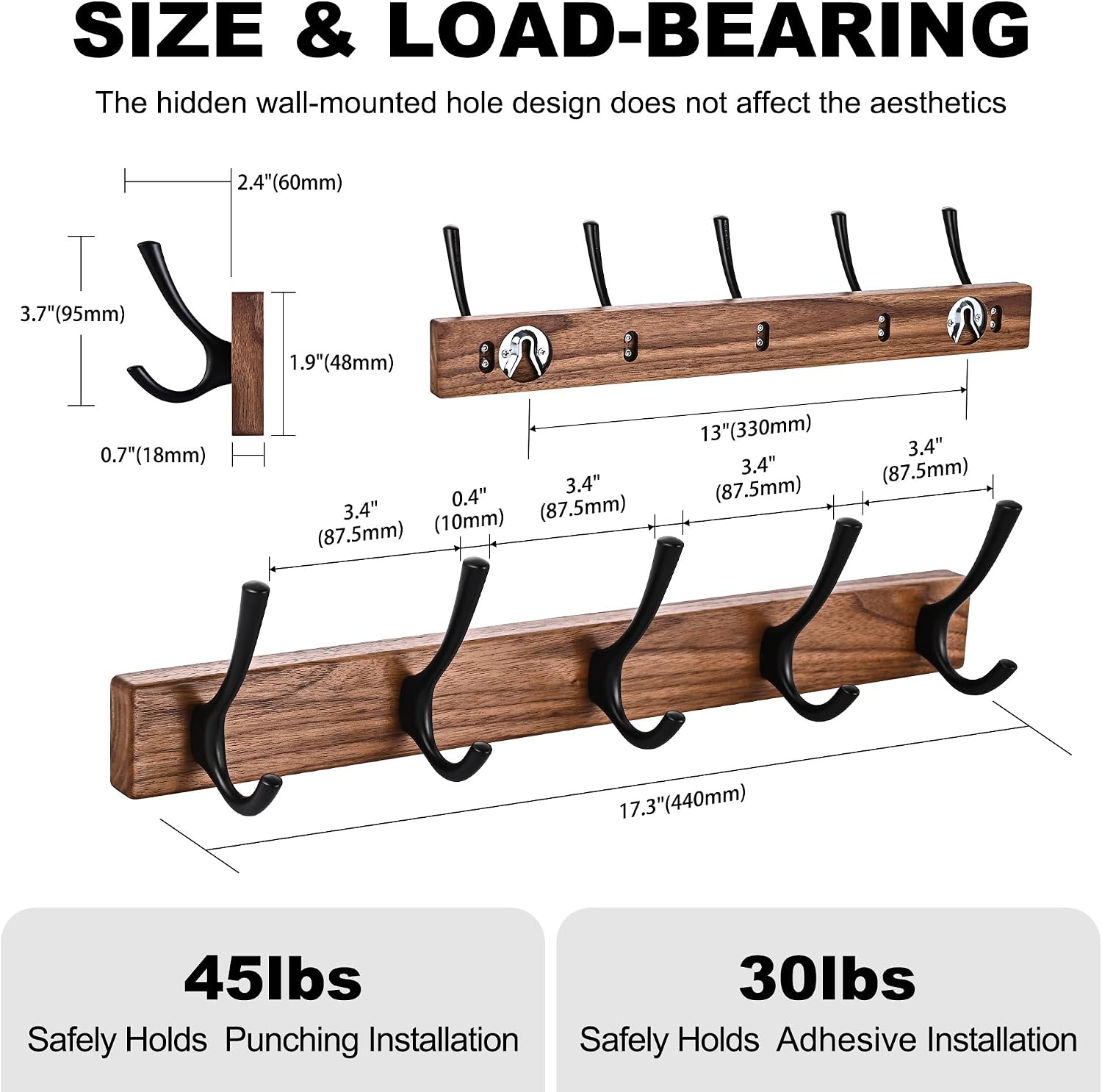 17.3" Small Walnut Wood Coat Rack Wall Mount / Black 5 Hooks Wall Coat Rack