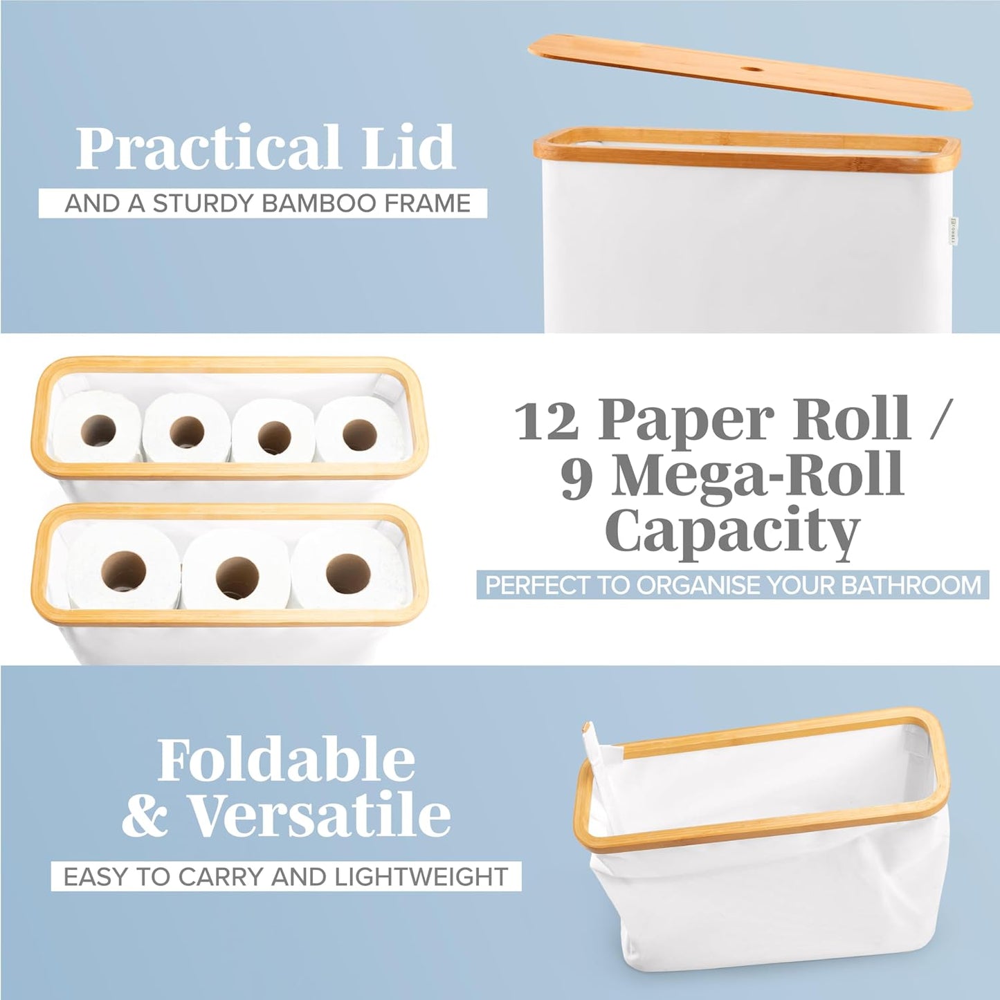 LONBET Toilet Paper Storage for 12 Rolls, Stackable & Foldable - The Ultimate Bathroom Organizer - Waterproof Basket