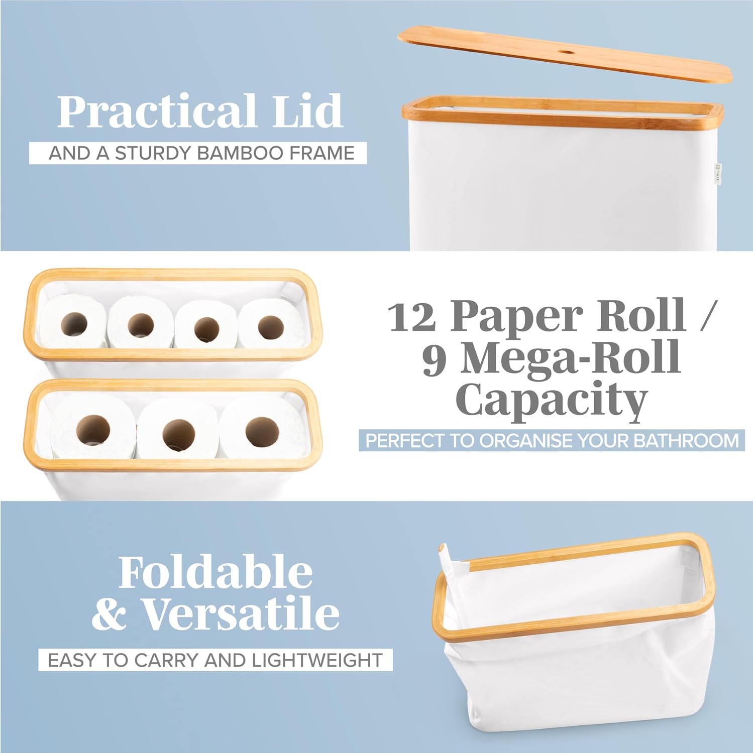 LONBET Toilet Paper Storage for 12 Rolls, Stackable & Foldable - The Ultimate Bathroom Organizer - Waterproof Basket