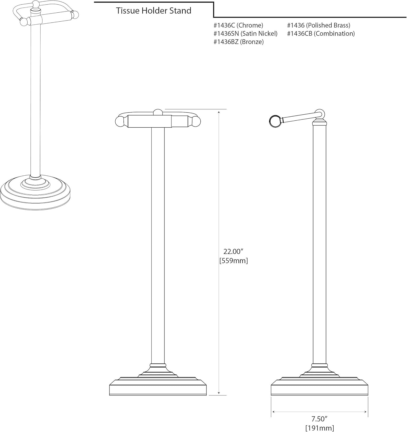 Gatco 1436C Toilet Paper Holder Stand, Chrome Finish, Freestanding Bathroom Floor Stand, Pedestal, Weighted Base, 22