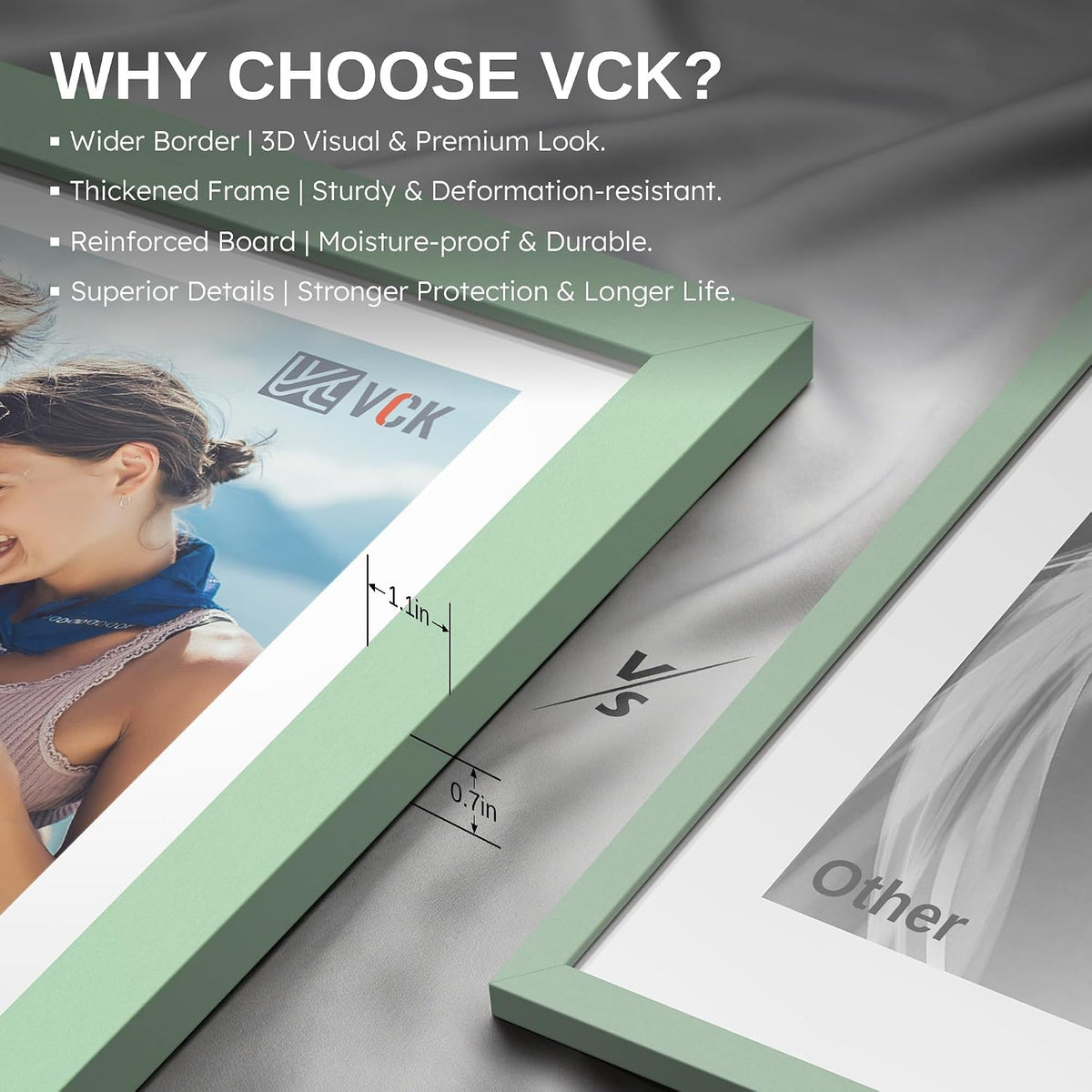 VCK 8x10 Picture Frame Set of 3 - Green, Wide Border Solid Wood Frame, Display Pictures in Horizontal and Vertical, for
