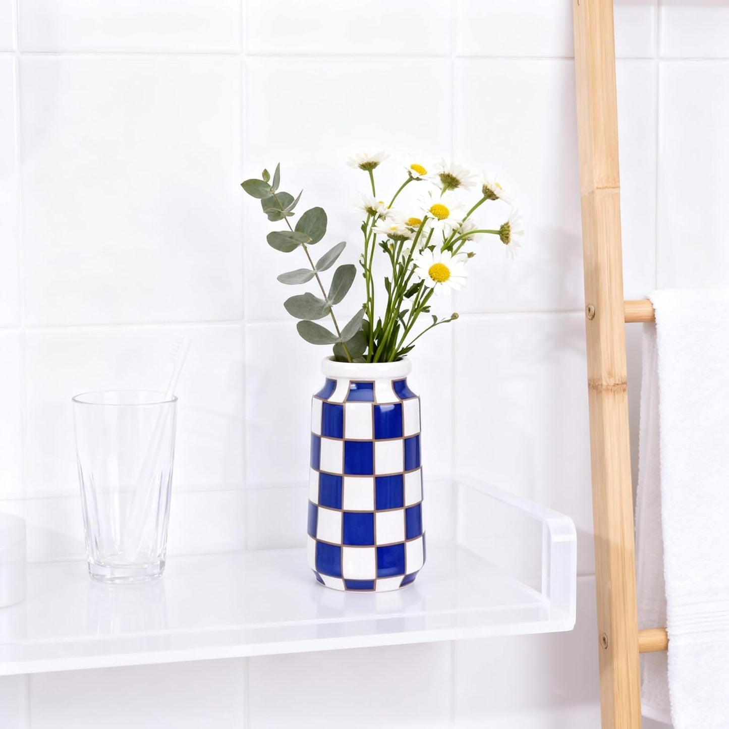 White Ceramic Vase / Blue