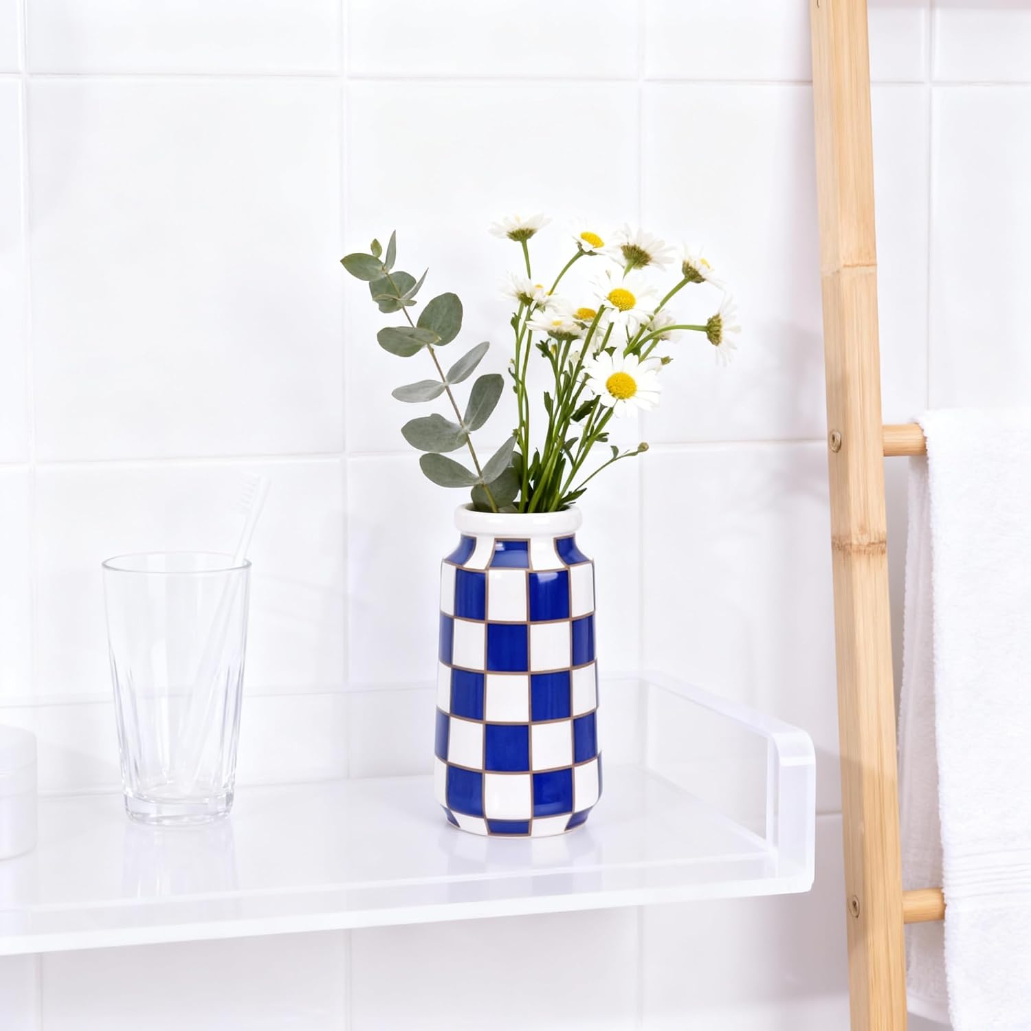White Ceramic Vase / Blue