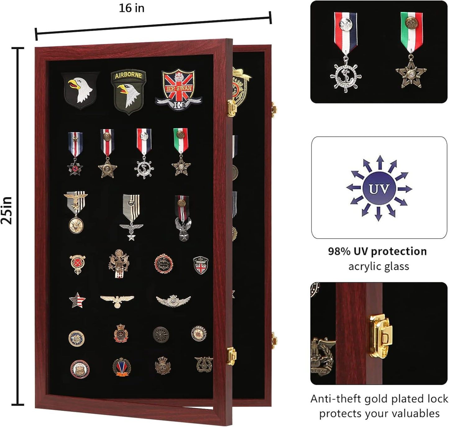 VERANI Pin Display Case Badge Display Frame Oversized Mahogany | Flexible layout arrangement,Premium real clear glass
