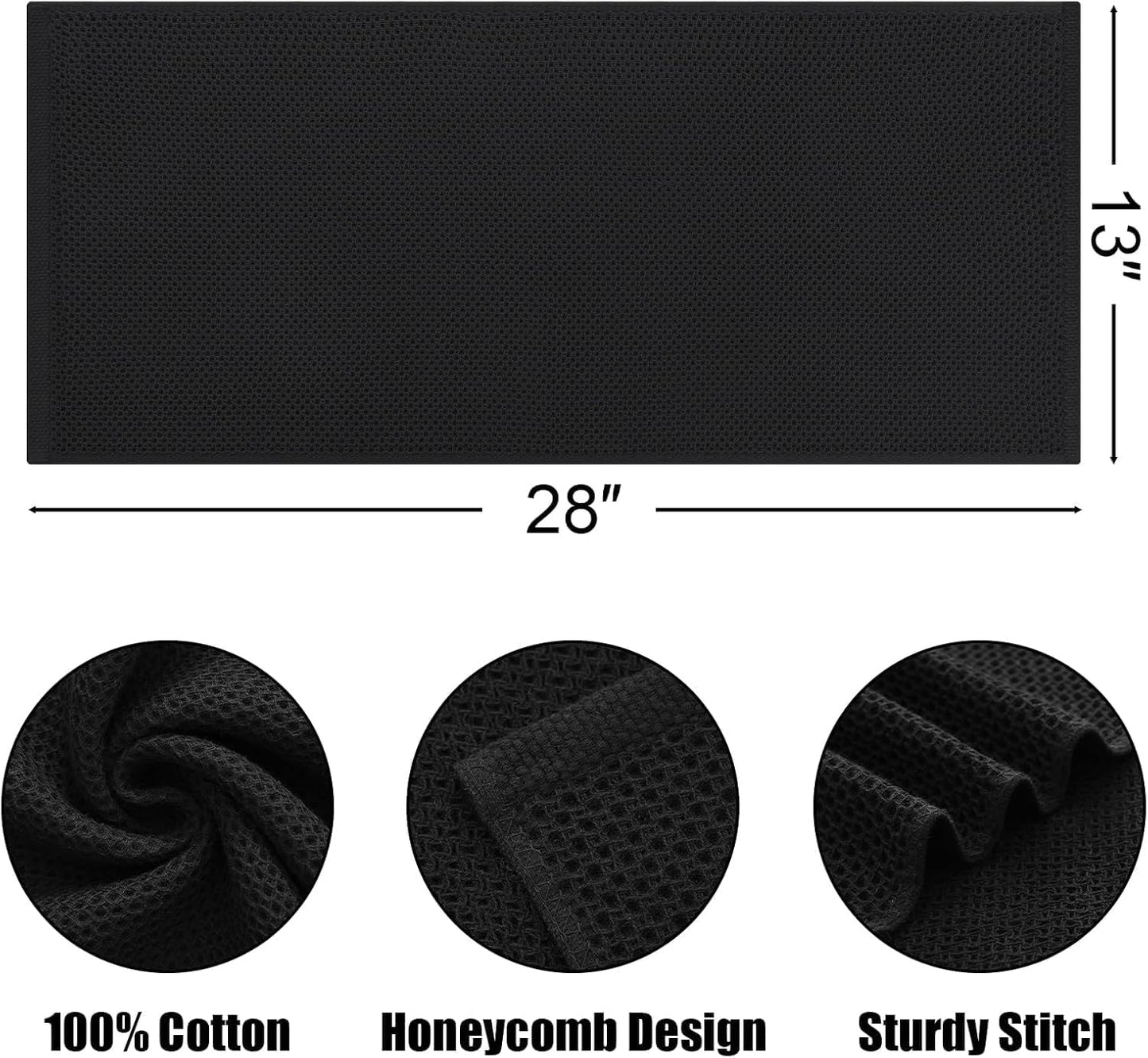 Kitinjoy 100% Cotton Waffle 12-Pack Kitchen Towels, 13" x 28", Black | Super Soft, Ultra-Absorbent, Fast Drying