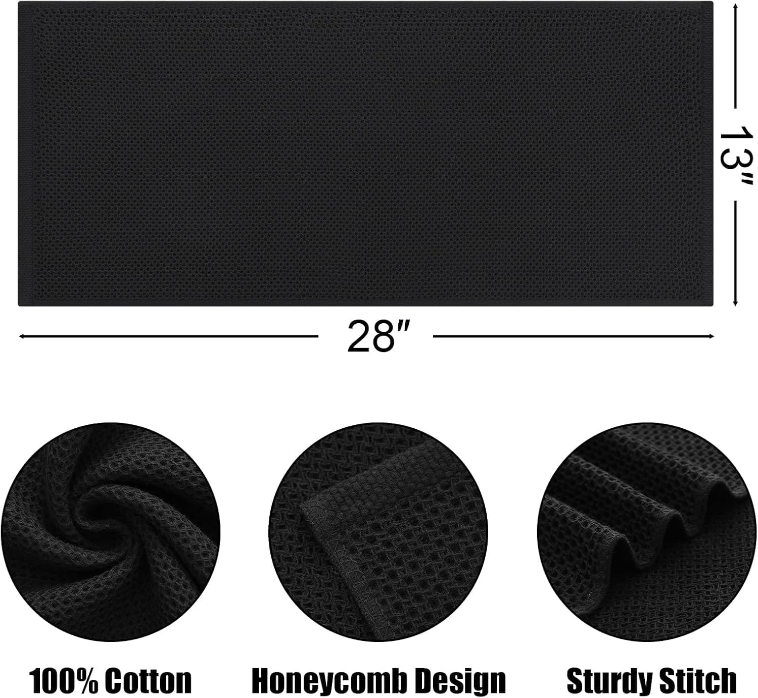 Kitinjoy 100% Cotton Waffle 12-Pack Kitchen Towels, 13" x 28", Black | Super Soft, Ultra-Absorbent, Fast Drying