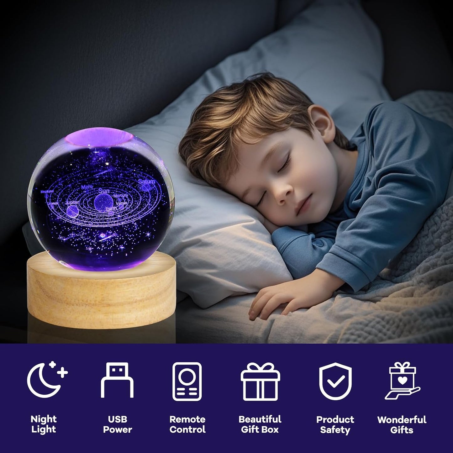 3D Crystal Ball Night Light Galaxy Planets Glass Table Lamp Decor / Solar System / 2.4 Inch