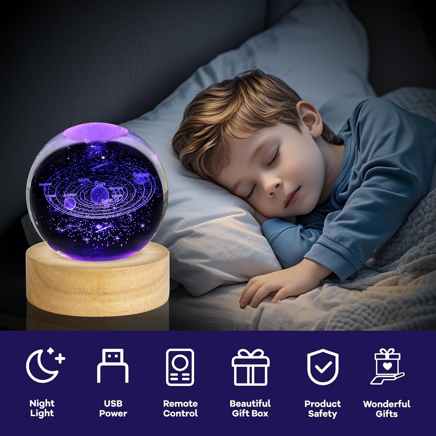 3D Crystal Ball Night Light Galaxy Planets Glass Table Lamp Decor / Solar System / 2.4 Inch
