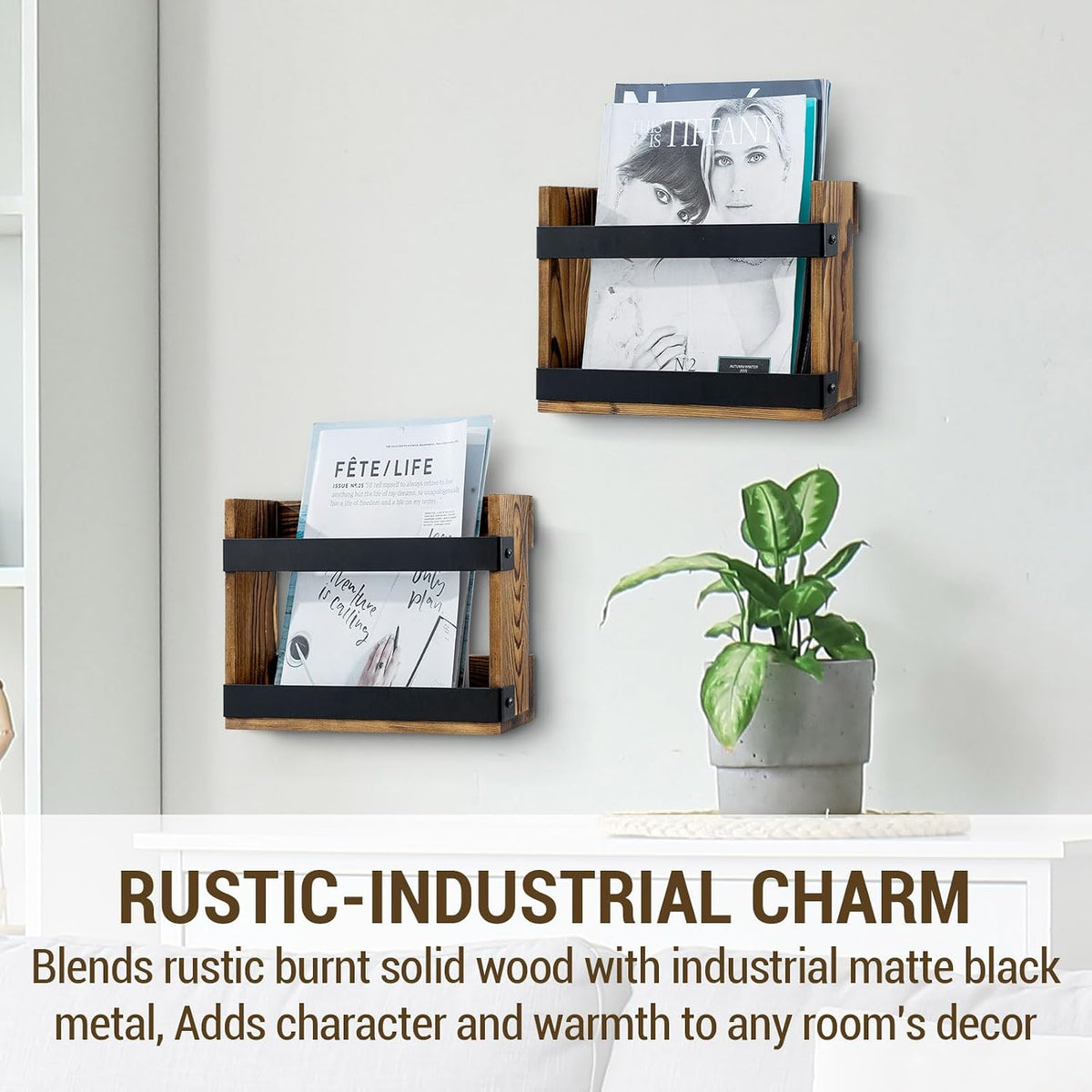 MyGift Set of 2 Rustic Burnt Wood and Matte Black Metal Wall-Mount Magazine Racks – Industrial Style Display Holders