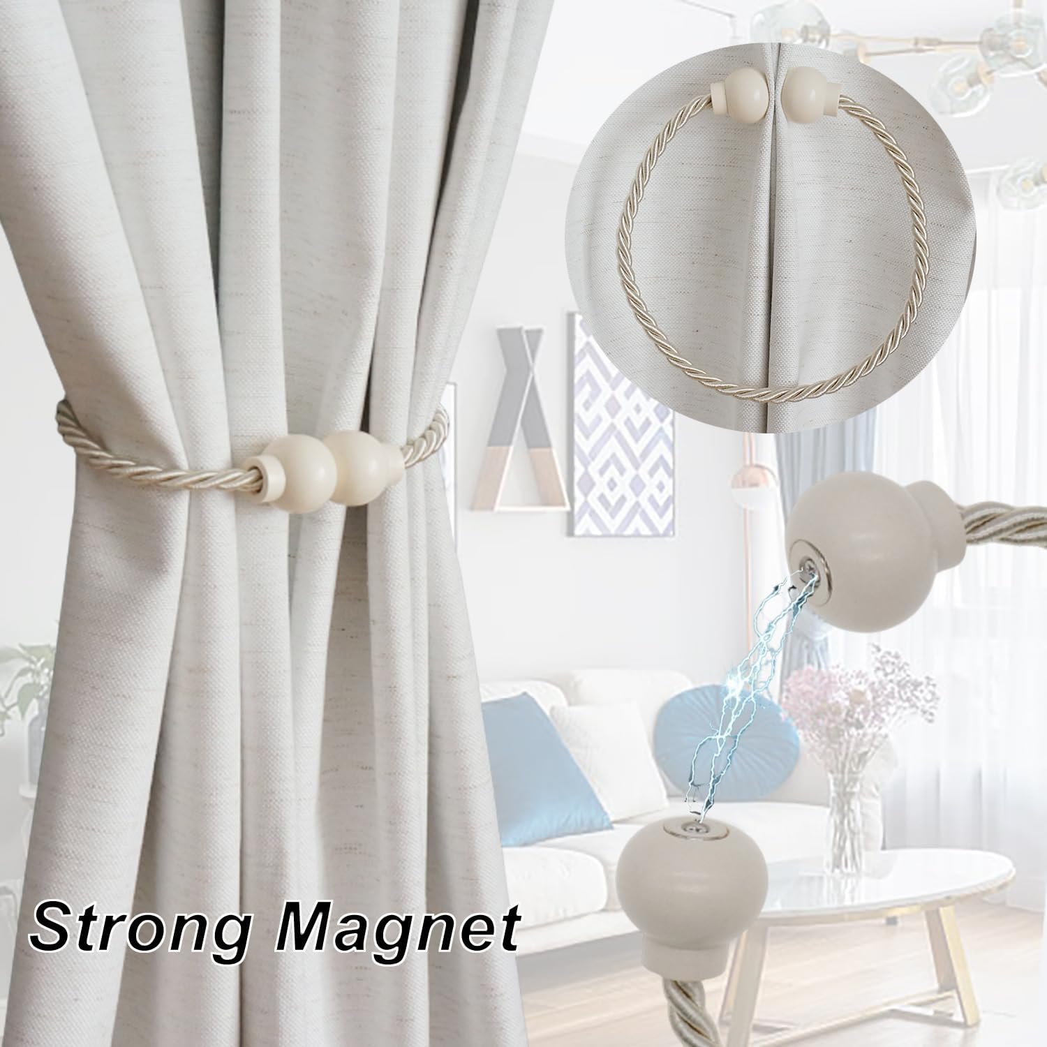 6Pcs Magnetic Curtain Tiebacks Modern Handmade Rope Curtain Tie Back Beige | Decorative Drapes Weave Holdbacks for Home