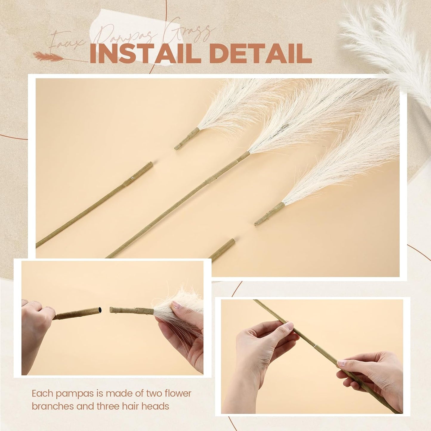 71'' Large Faux Pampas Grass Decor Tall Faux Pampas Grass Splicable Fake Dried / Beige / Set of 5