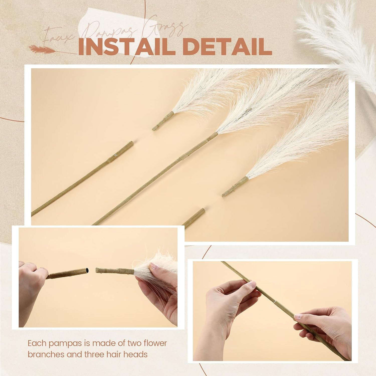71'' Large Faux Pampas Grass Decor Tall Faux Pampas Grass Splicable Fake Dried / Beige / Set of 5