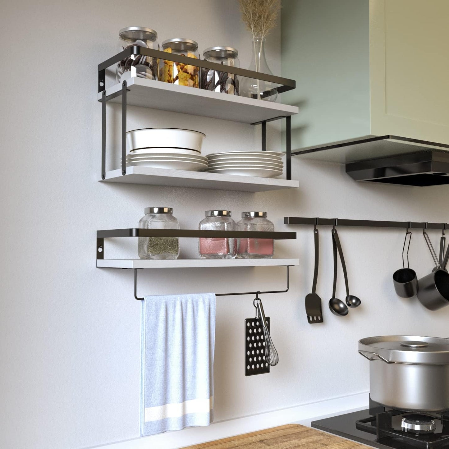 RICHER HOUSE Floating Shelves Bathroom, Wall Mounted Shelf Over Toilet | 2+1 Tier, with Metal Rail, Towel Rack, Paper