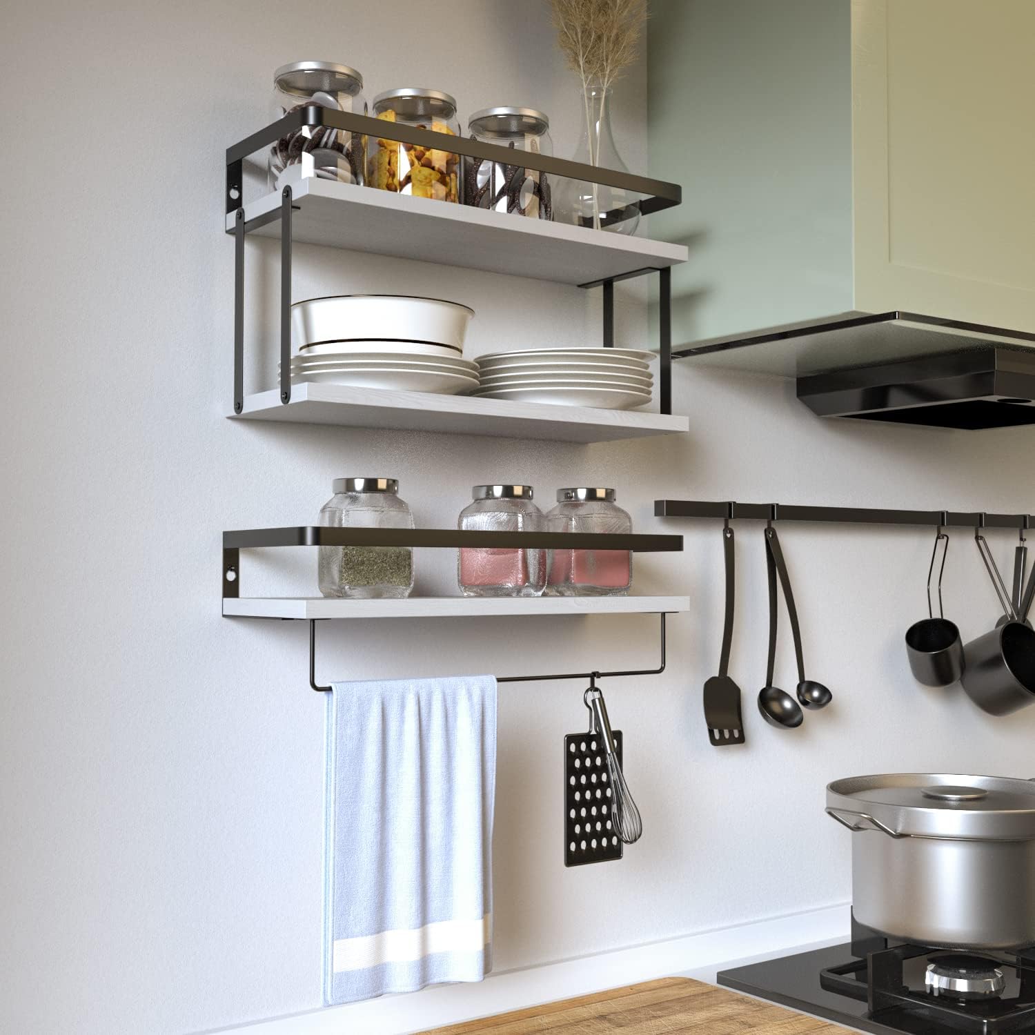 RICHER HOUSE Floating Shelves Bathroom, Wall Mounted Shelf Over Toilet | 2+1 Tier, with Metal Rail, Towel Rack, Paper