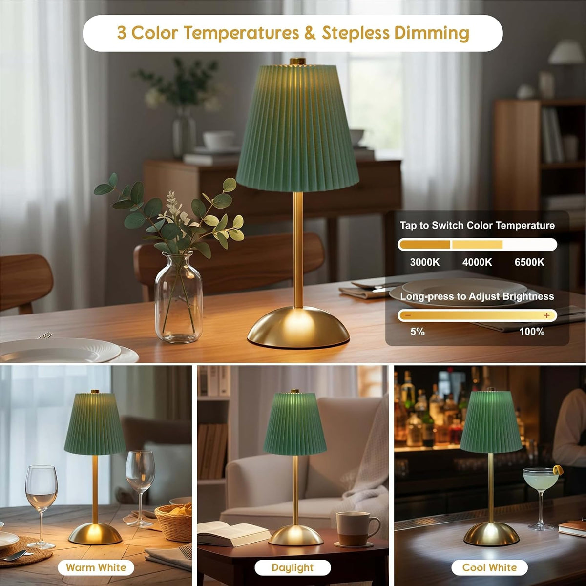 2-Pack LED Cordless Table Lamps, Green Rechargeable Battery Lamps | Mini Battery Operated Lamps, Dining Table Lamp