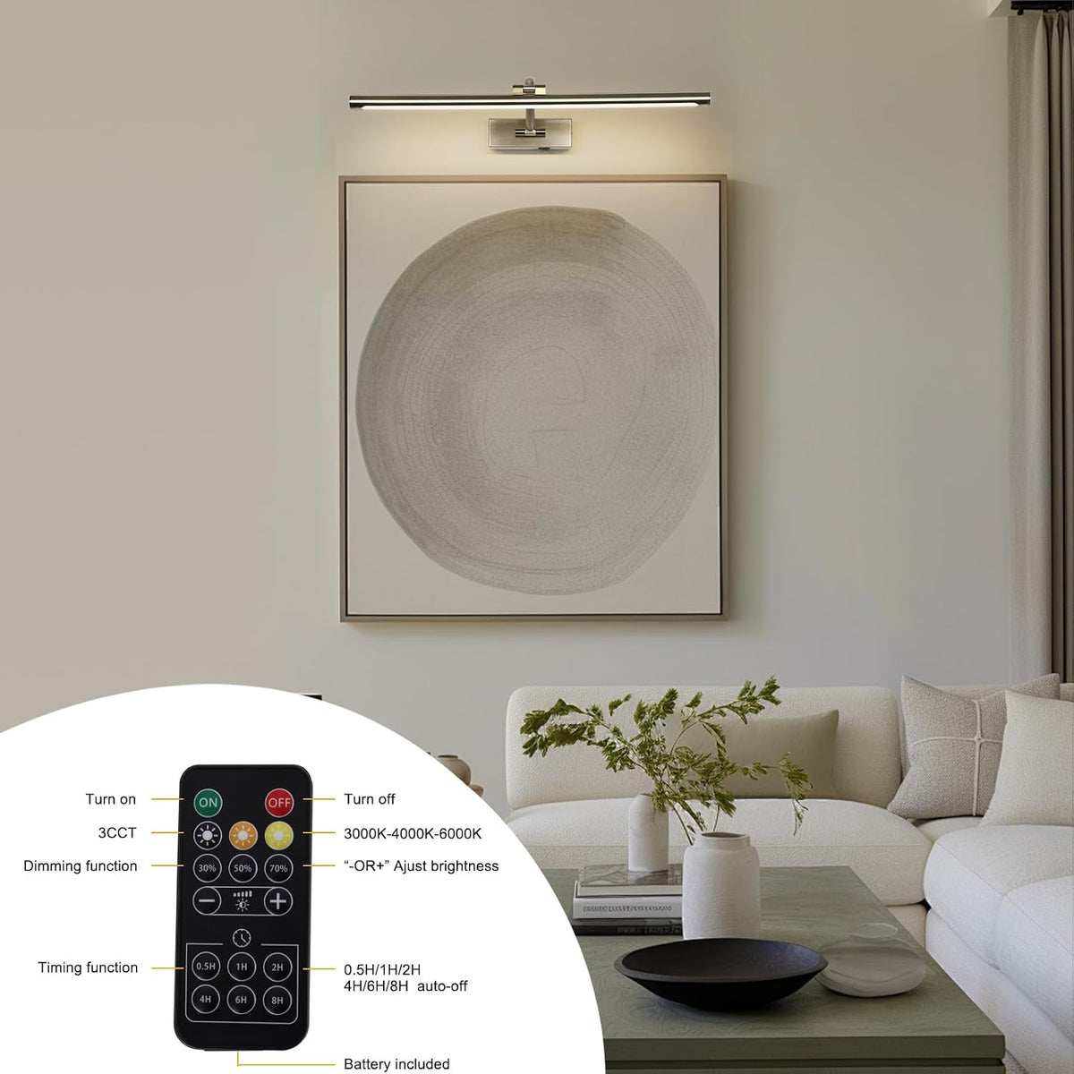 Antique Bronze LED Wireless Picture Lights for Wall Rechargeable, Battery Operated Art Light for Paintings, 3CCT