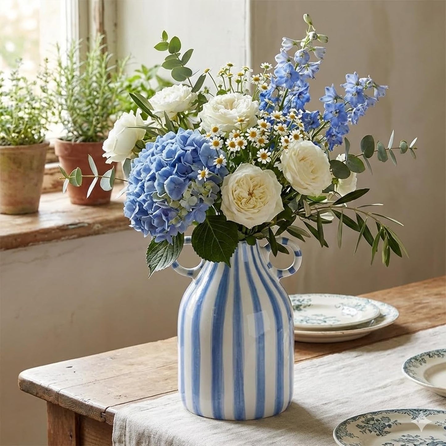 Ceramic Vase / Nordic Boho Small Vases Side Table Flower Centerpiece / Blue and White