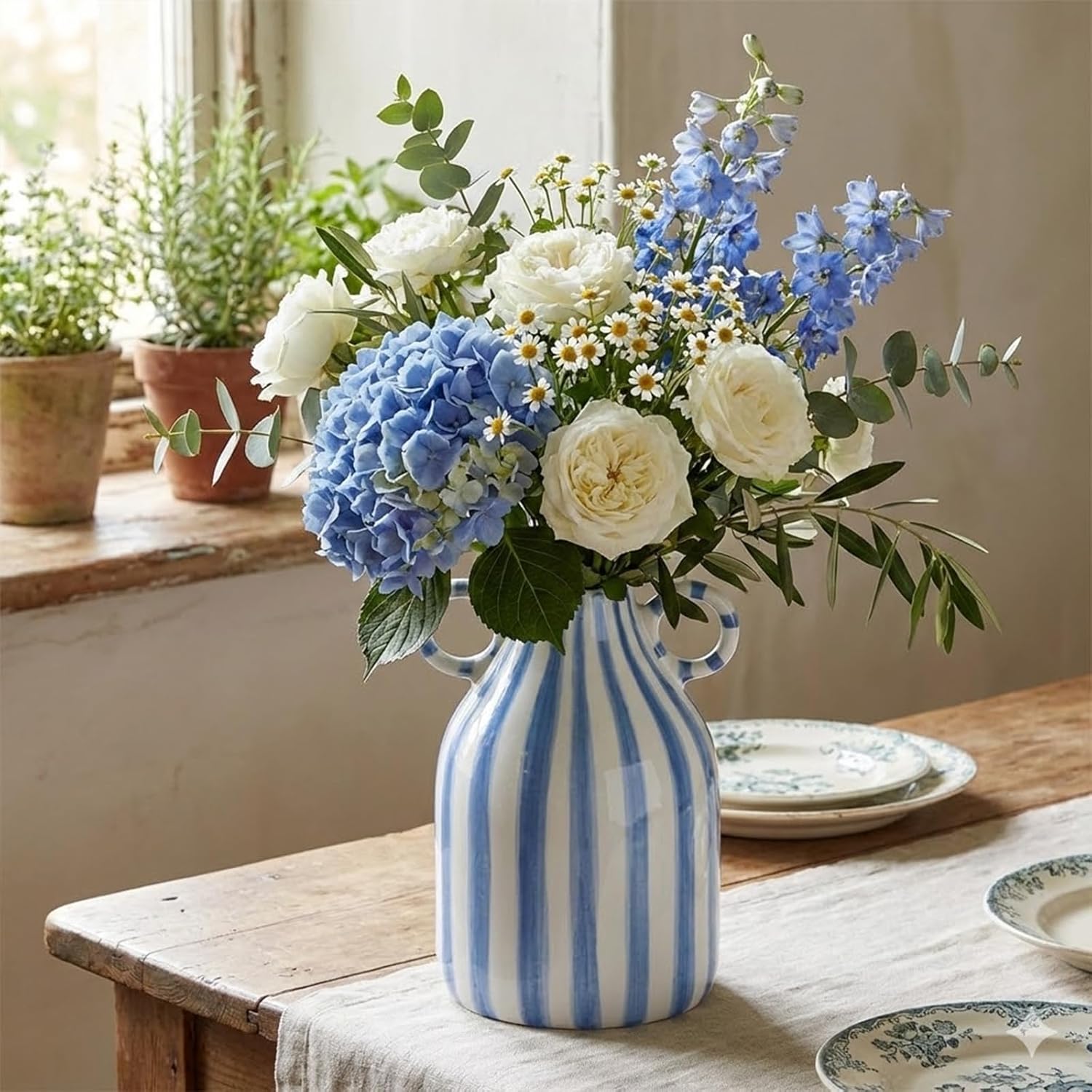 Ceramic Vase / Nordic Boho Small Vases Side Table Flower Centerpiece / Blue and White