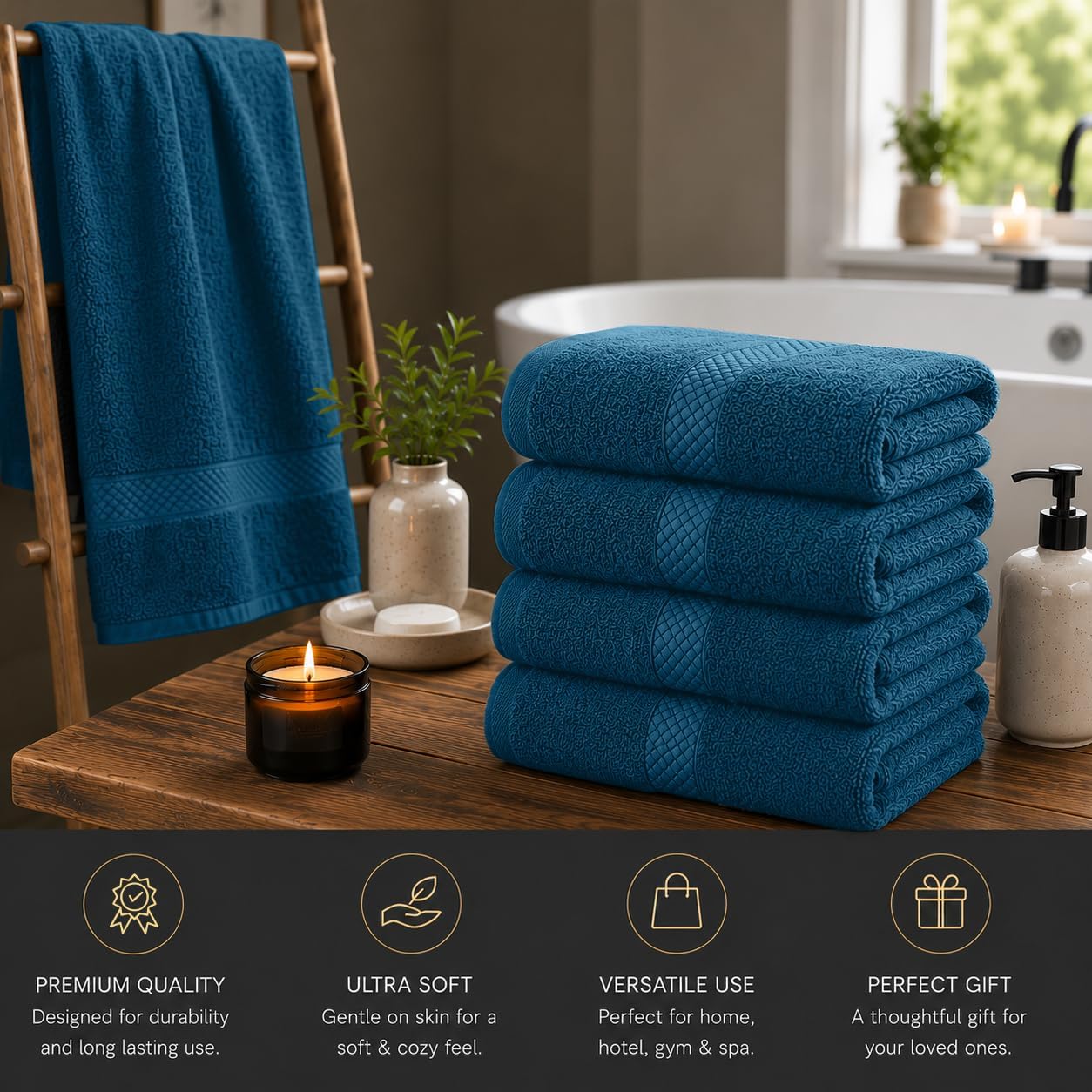 DAN RIVER 600 GSM Cotton Large Bath Towels Set of 4, 27 x 54 Inches, Blue | Larger & Lighter Weight Towels for Bathroom