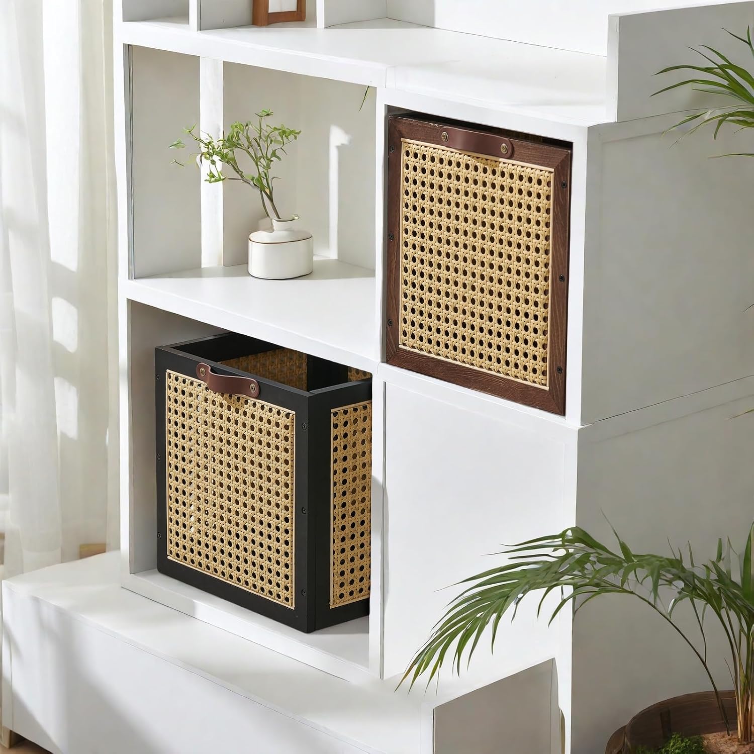 Rattan Storage Cubes Wooden Storage Baskets Boxes Decorative Natural Handmade / Black / Set of 2