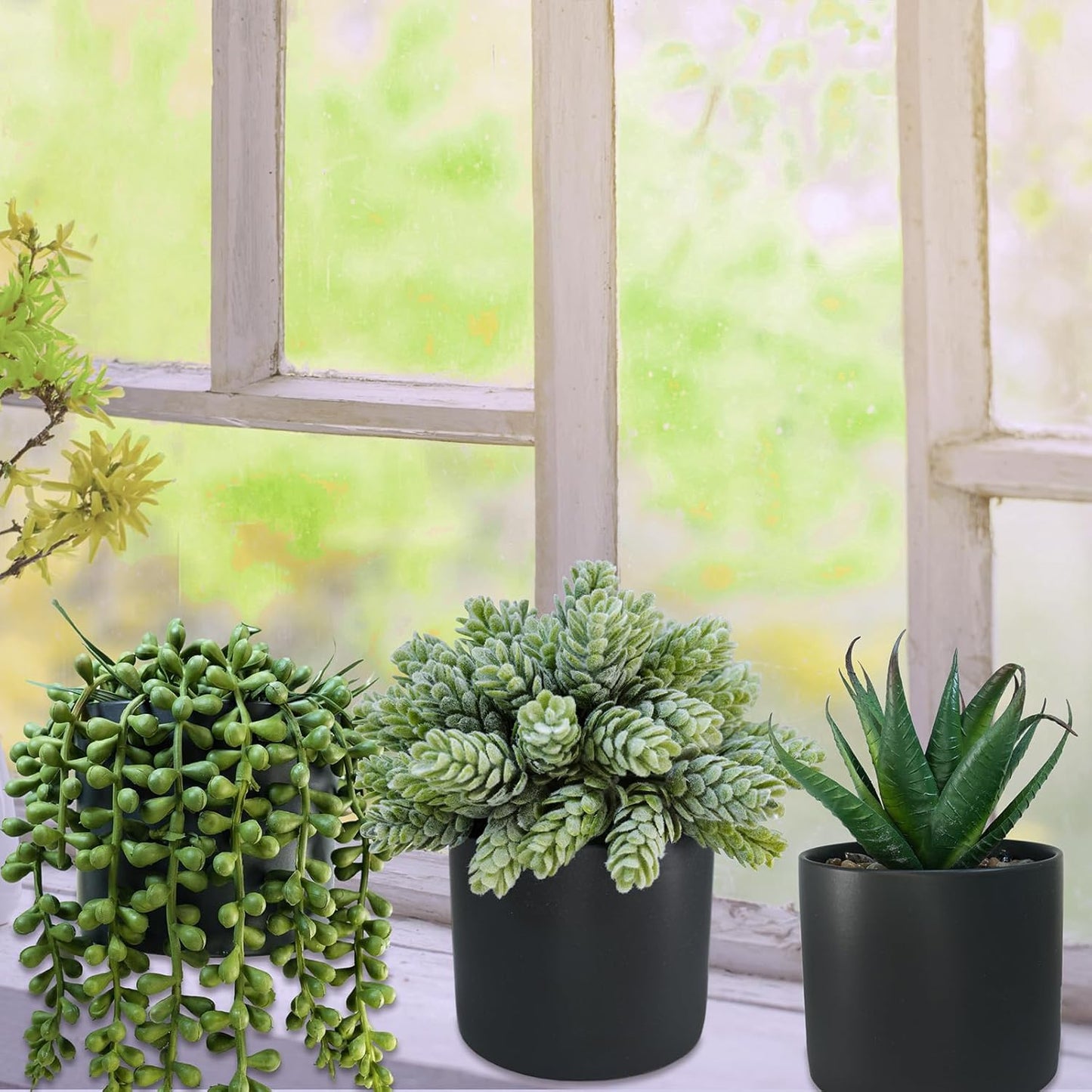 Small Artificial Potted Succulent Plants Faux Aloe Hops String / Black Ceramic Pots / Set of 3