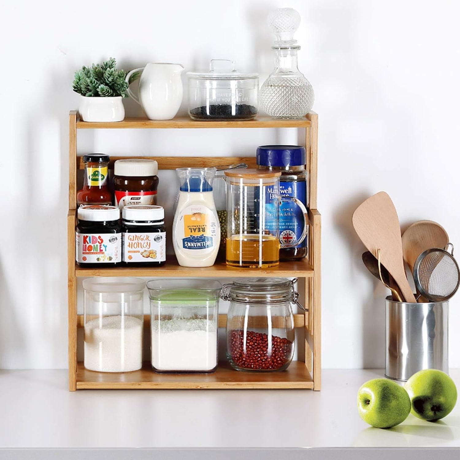 Bamboo Spice Rack 3-Tier Kitchen Countertop Organizer, Adjustable Shelf Pantry Storage Stand for Herbs, Jars, and