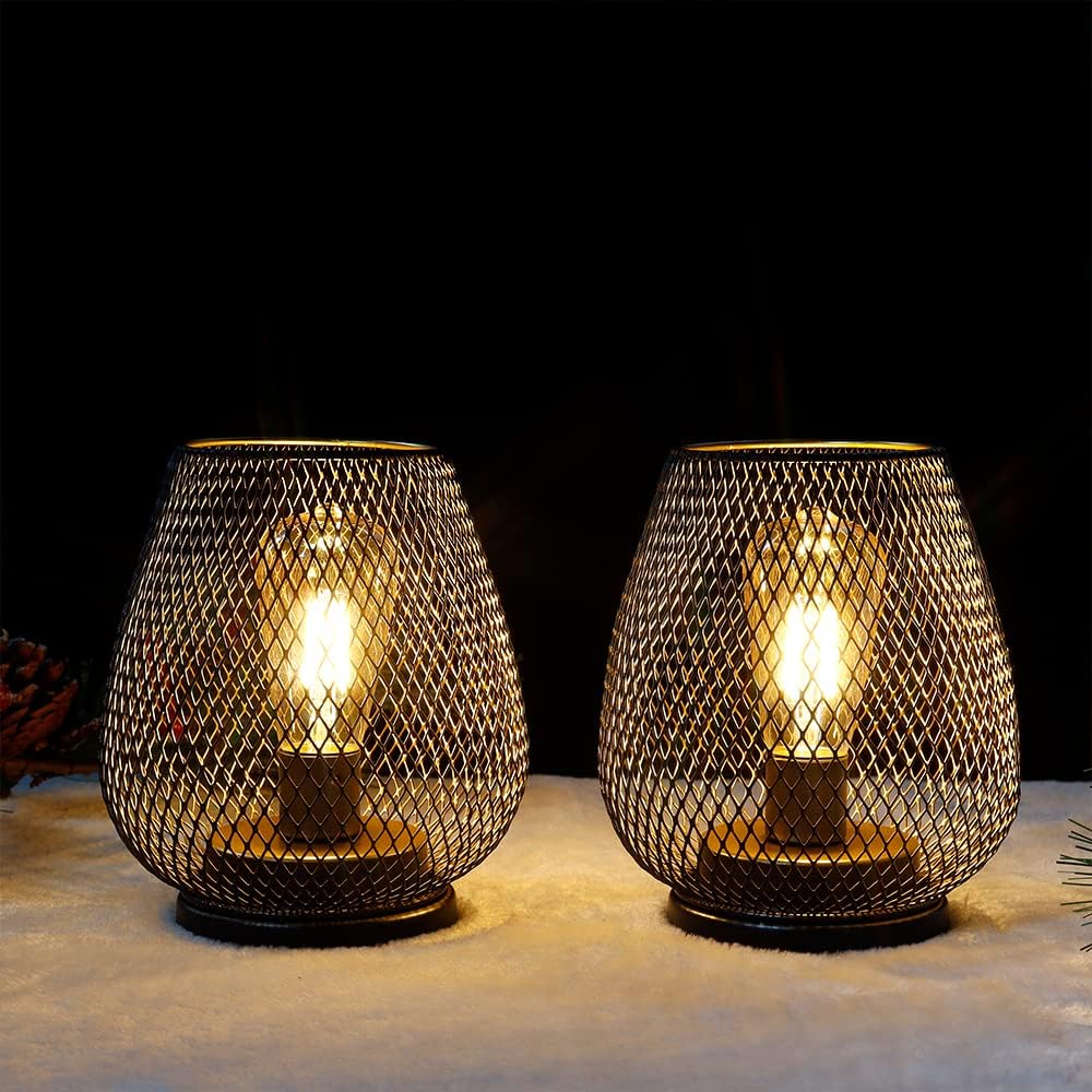 TRIROCKS Set of 2 Medium Battery Powered Outdoor Lantern 6.5'' High Metal Table Lamp Cordless Battery Operated Lamps