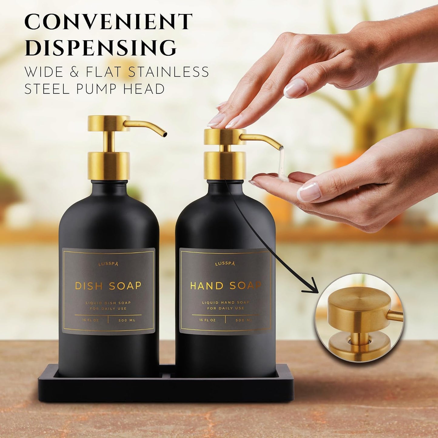 Glass Soap Dispenser Set of 2 (Black) with Silicone Tray | Hand and Dish Soap Dispenser for Kitchen and Bathroom | 16.8