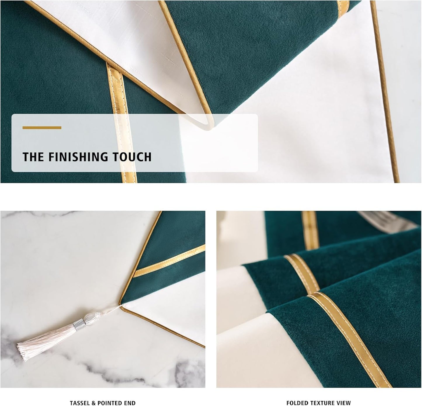 Avigers Table Runner 12 x 108 Inch, Emerald Green White, Geometric, Tassels | Faux Silk double-layer accent for dining