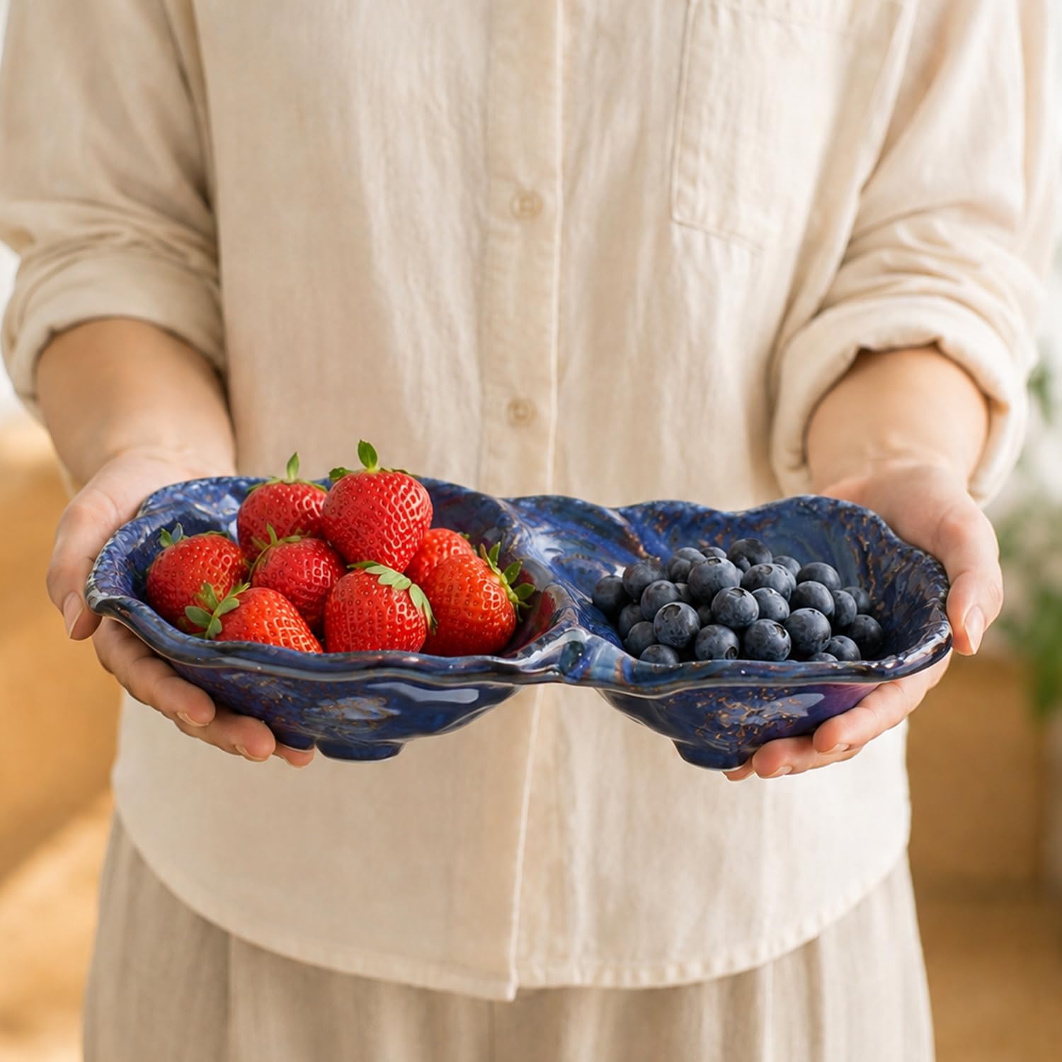 Peanut 2-Compartment Dish for Key Catchall Jewelry Organizer / Kiln-transformed Blue Glaze