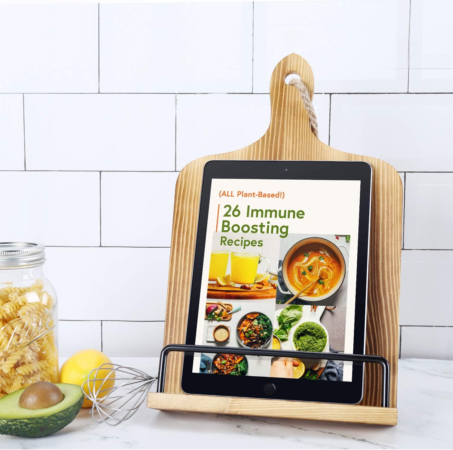 Soligt Cookbook Stand for Kitchen Counter - Brown | Adjustable iPad Tablet Recipe Book Holder Rustic Wood Cutting Board