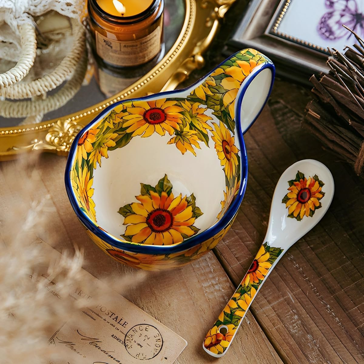 17.64 Oz Microwavable Soup Bowl / Sunflower - Handmade Loop Handle Soup Bowl with Spoon