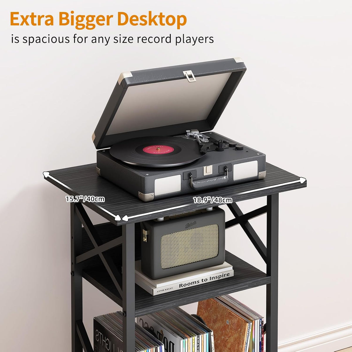 Record Player Stand with Large Desktop, Record Player Table with Vinyl Storage, 3 Tier End Table with Dividers