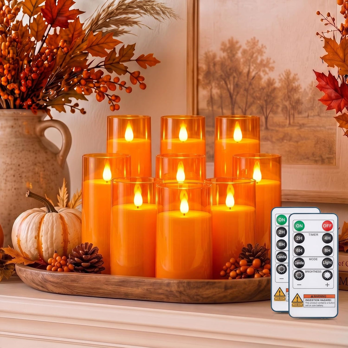 Homemory Halloween Orange Flameless Candles, Acrylic, Remote Timer, 9 Pack
