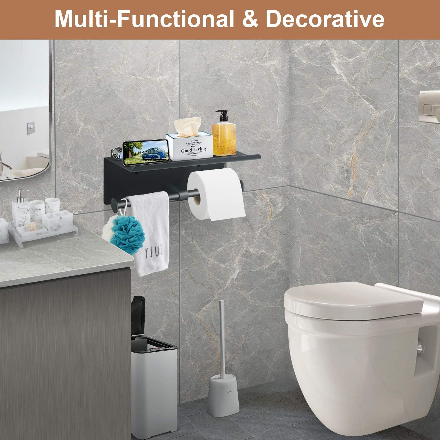 Toilet Paper Holder with Shelf Wall Mounted Toilet Paper Storage, Double Roll Tissue Holder Dispenser Bathroom Toilet