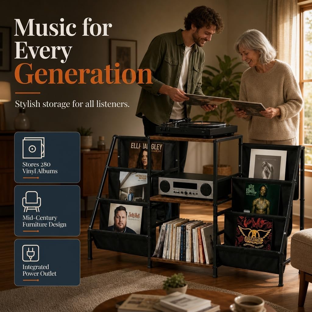 Record Player Stand with Storage, Vinyl Record Holder with Power Outlet | Holds 280 Albums, Vinyl Record Storage