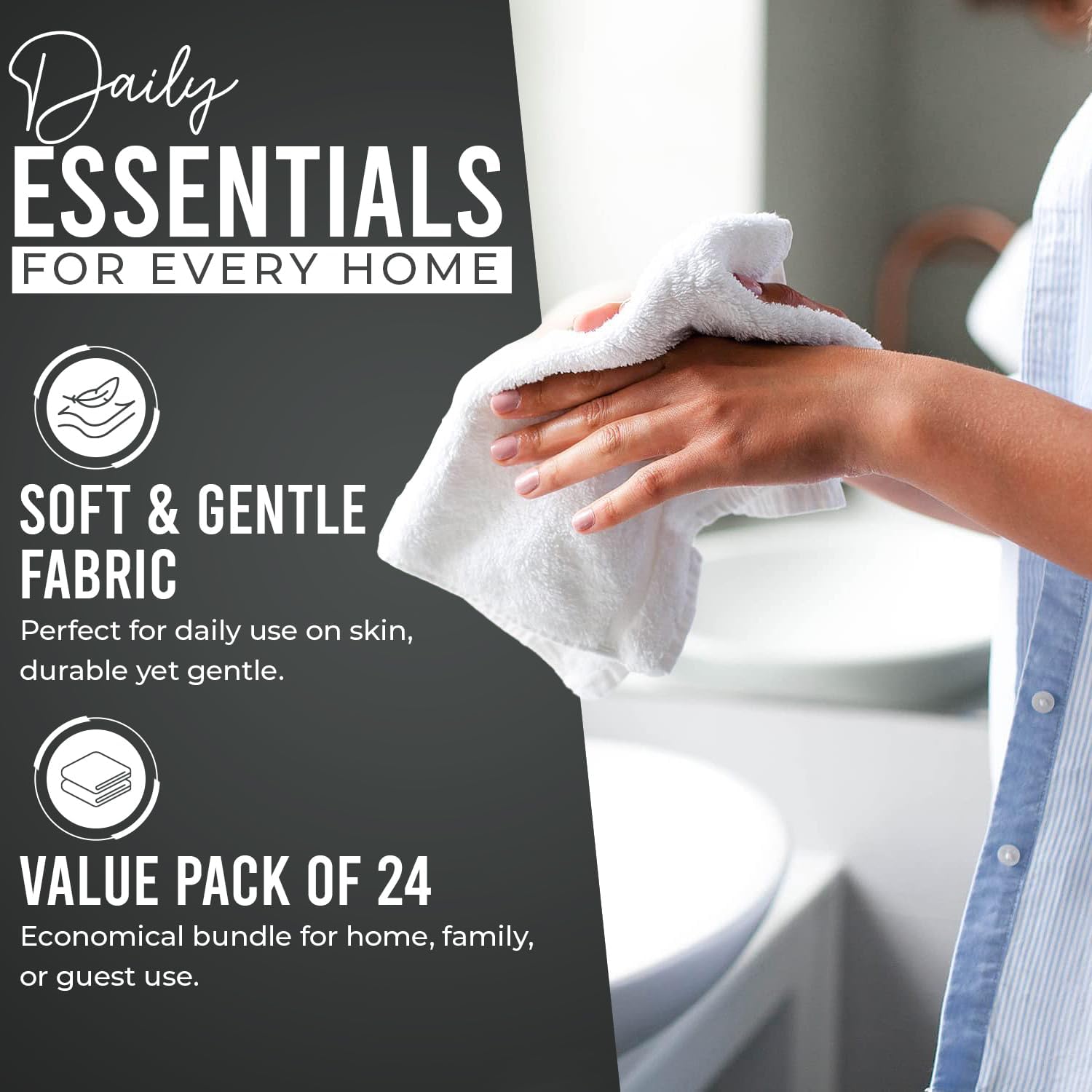 DAN RIVER 24 Pack Cotton Wash Cloths Set for Showering [12x12] Gray | Lighter Weight, Quick to Dry, Super Soft &