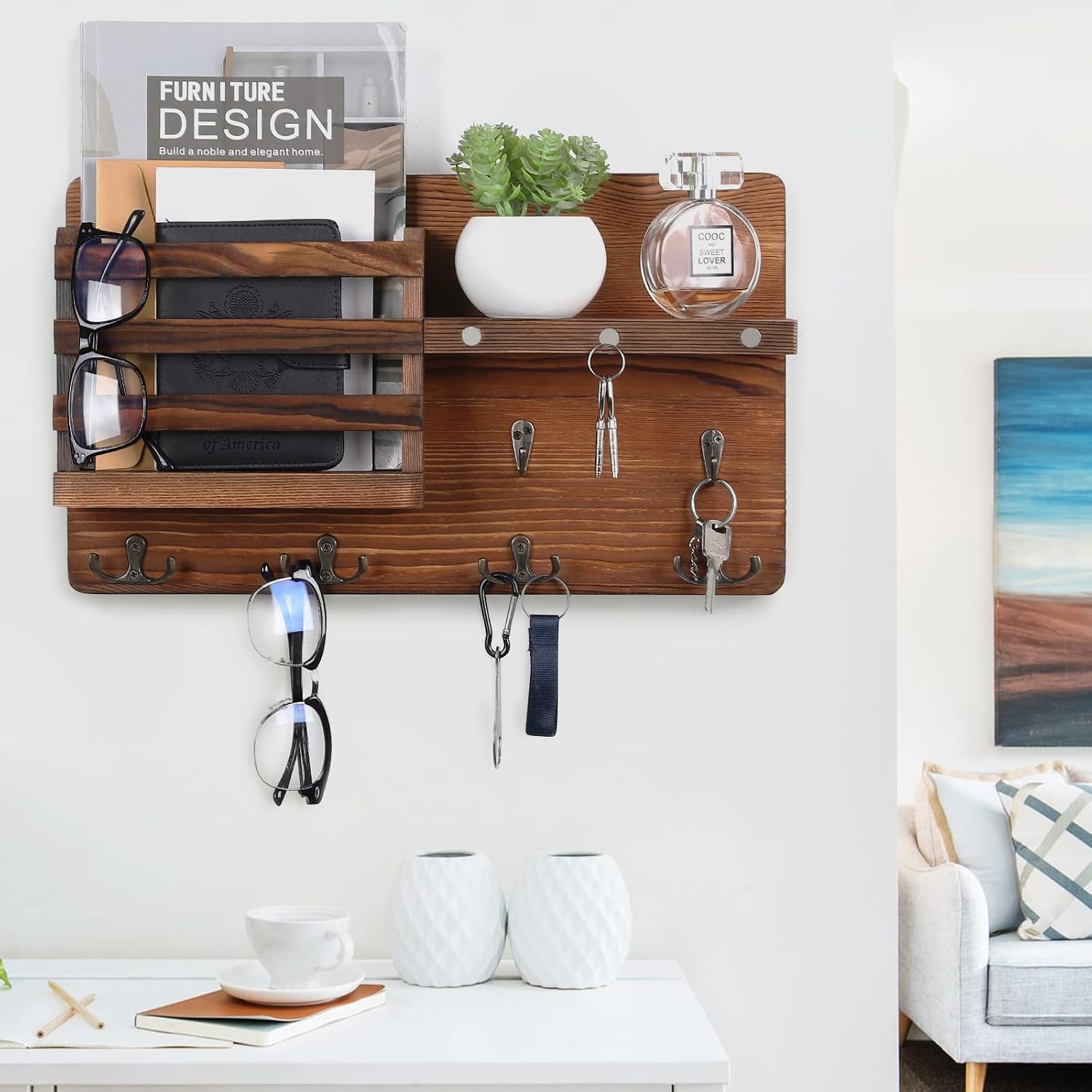 Easy Install Natural Wooden Key and Mail Holder / Brown